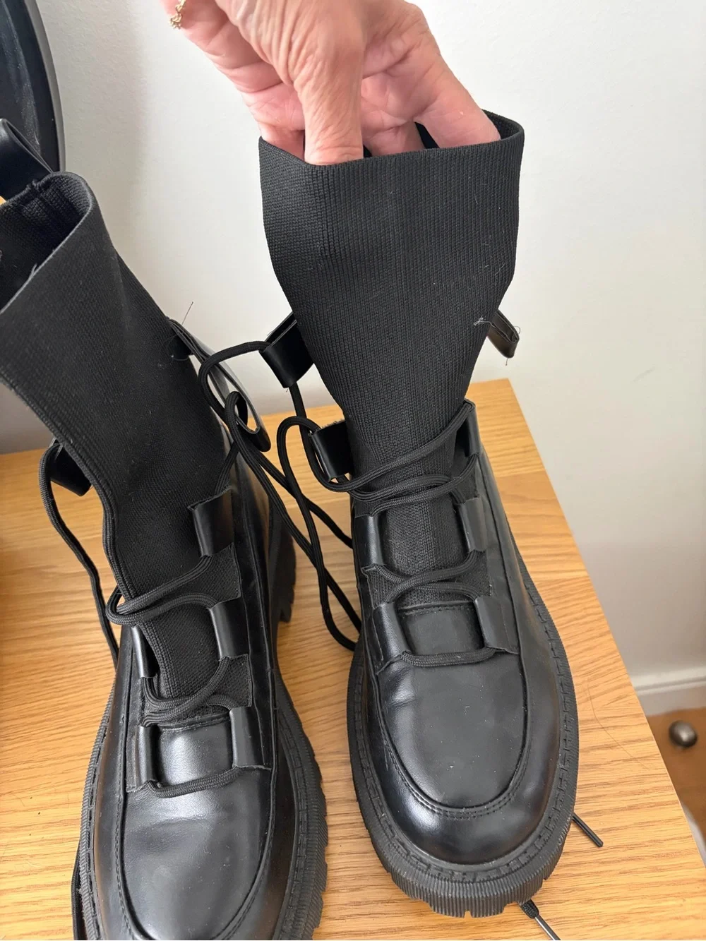 Black Lug Sole Combat Boot with Knit Shaft